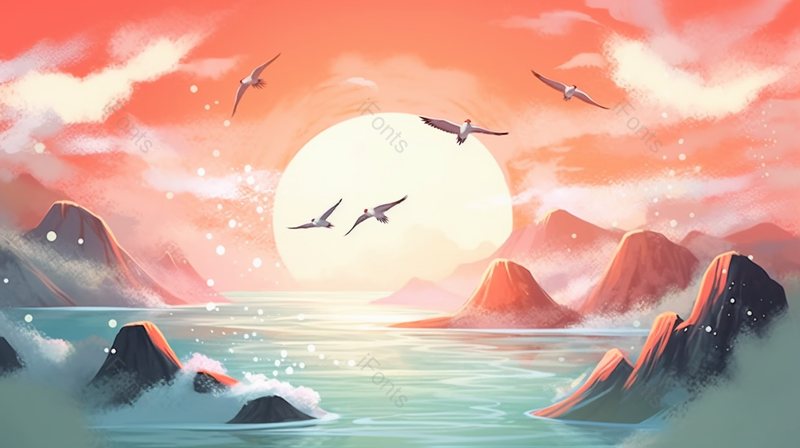 国潮风浪漫山水风景插画,插画/手绘图,插画/手绘图库,插画/手绘图下载,插画/手绘